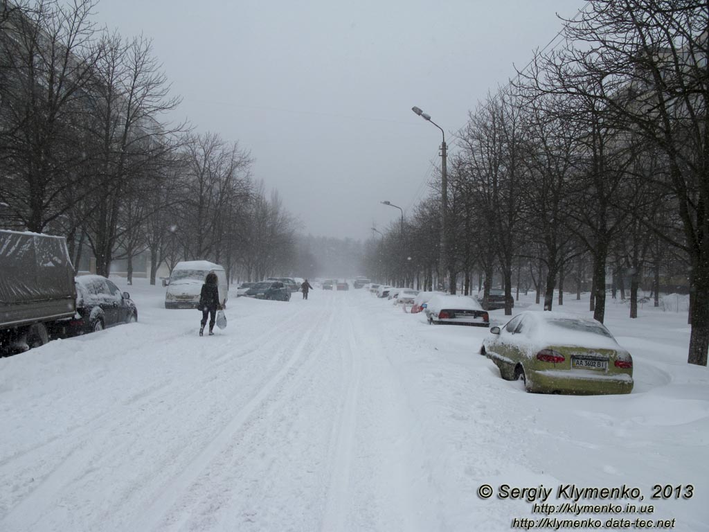 Фото Киева. Последствия метели 23 марта 2013 года. Улица академика Курчатова засыпана снегом.