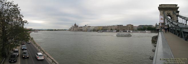 Будапешт (Budapest), Венгрия (Magyarország). Фото. Цепной мост, или мост Сеченьи (Széchenyi lánchíd). Панорама ~120°.