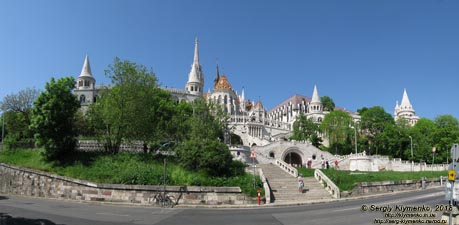Будапешт (Budapest), Венгрия (Magyarország). Фото. Общий вид на Рыбацкий Бастион (Halaszbastya) и Церковь Матьяша (Matyas Templom). Панорама ~120°.