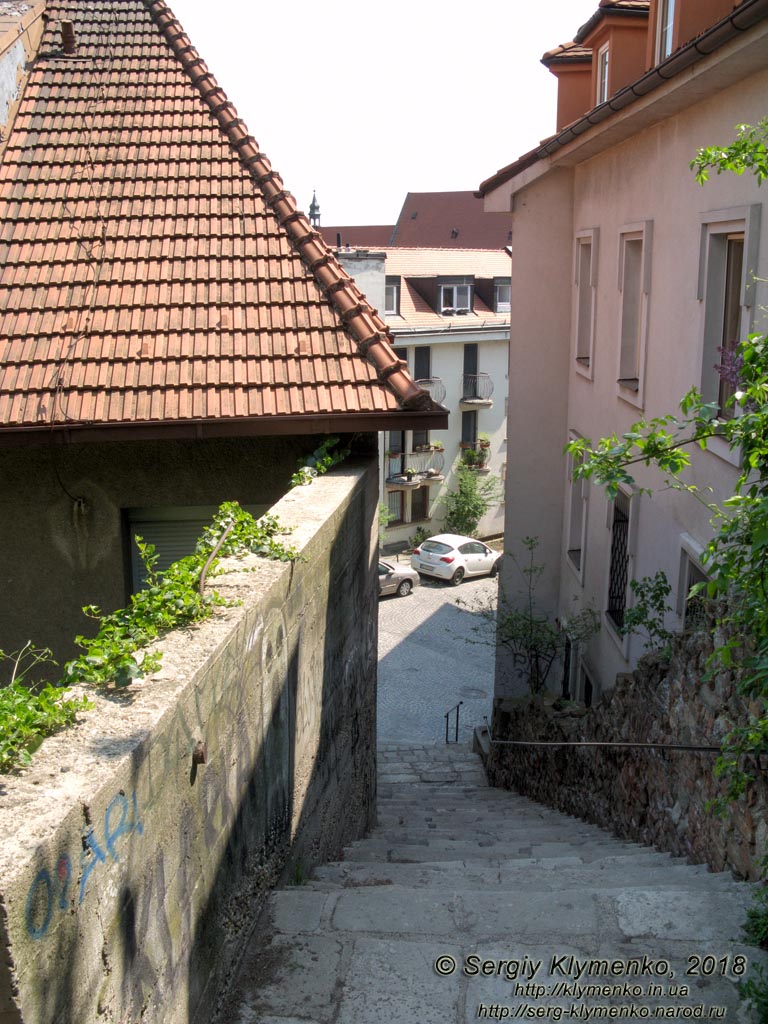 Фото Братиславы (Словакия). Спуск от Братиславского града (Bratislavsky hrad) к улице Staromestska и старому городу.