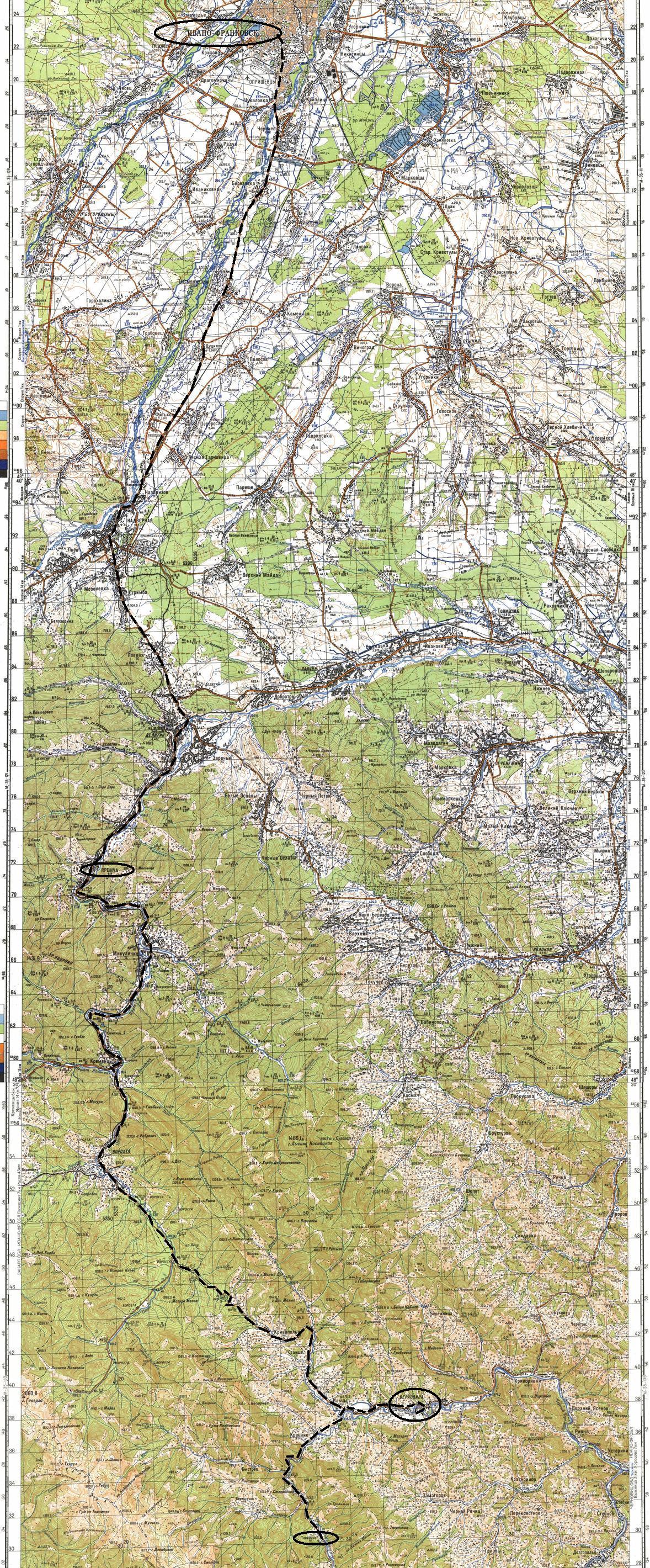 Карпаты. Схема маршрута от селения Топильче через Верховину до Ивано-Франковска. Внимание! Размер файла около 1,3MB.