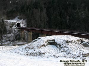 Карпаты, Ивано-Франковская область, Яремче. Фото. Железнодорожный мост через реку Прут и железнодорожный тоннель сквозь гору.